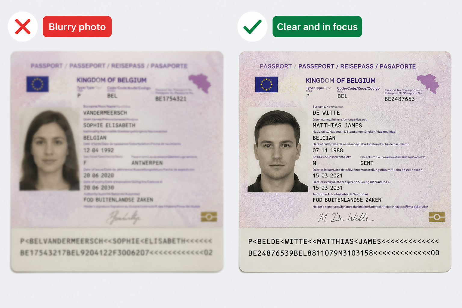 Passport photo examples showing blurry and clear passport upload examples
