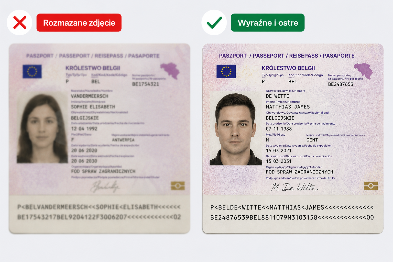 Przykłady wyraźnych i rozmazanych zdjęć paszportu